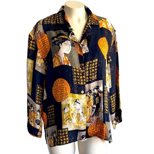 𝅺cocoon Bay 100% silk Asian blouse. Large